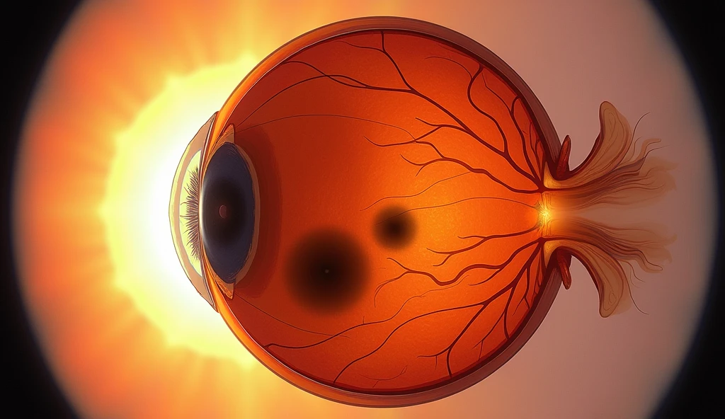 Visual representation of solar retinopathy, showing the retina with dark spots and blurred areas. The image should look like a high-resolution medical illustration, demonstrating the potential damage caused by staring at an eclipse without protection.