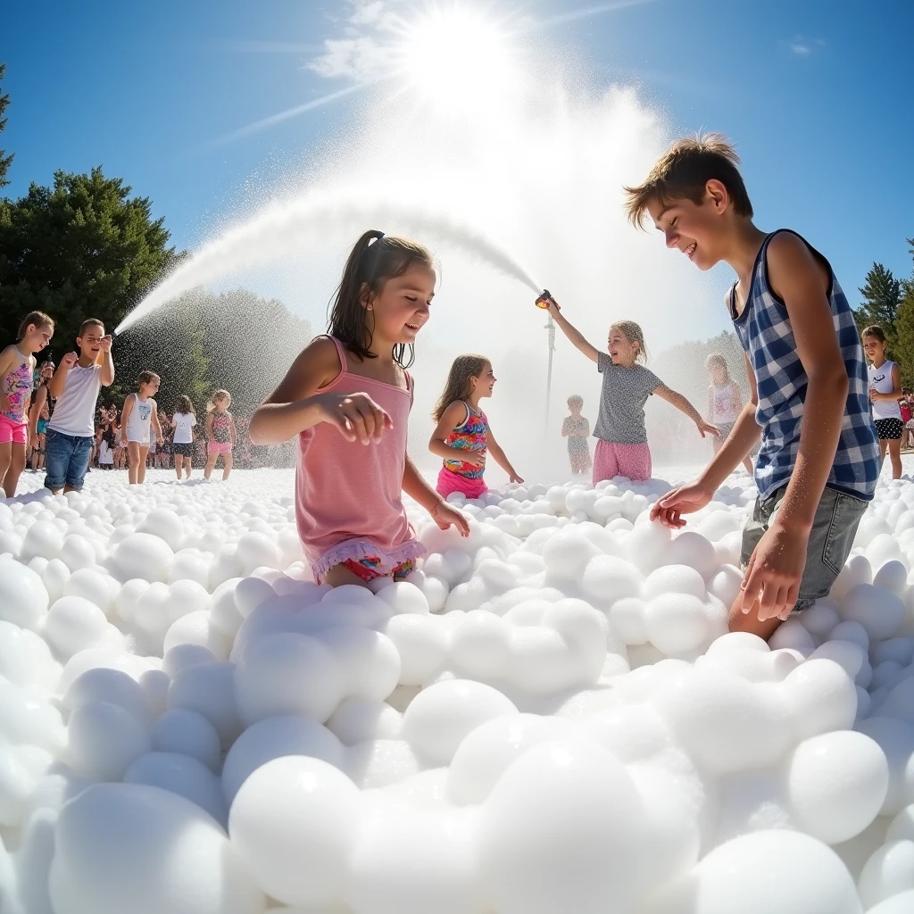 A wide-angle photo of an outdoor foam party, showing kids dancing and playing in a thick layer of foam. The foam cannon is visible in the background, continuously spraying foam, while the bright sky and surrounding greenery create a festive atmosphere.