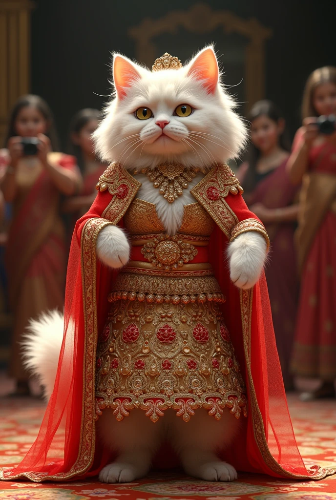 "A white Persian cat walks gracefully on two legs, dressed in an elaborate Indian bridal lehenga, adorned with intricate gold embroidery and matching traditional jewelry. The cat has long, beautifully styled hair under a red and gold dupatta draped elegantly over her head. The audience is mesmerized, capturing the stunning moment on their cameras."