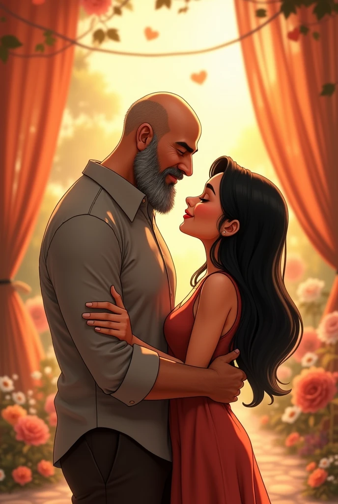bald man couple with thin beard and beginning of gray hair, 45 years of 1.75 tall and 100 kilos and 30 year old black haired woman of 1.60 tall 75 kilos kissing Disney Pixar style, high qualiy, best qualityer