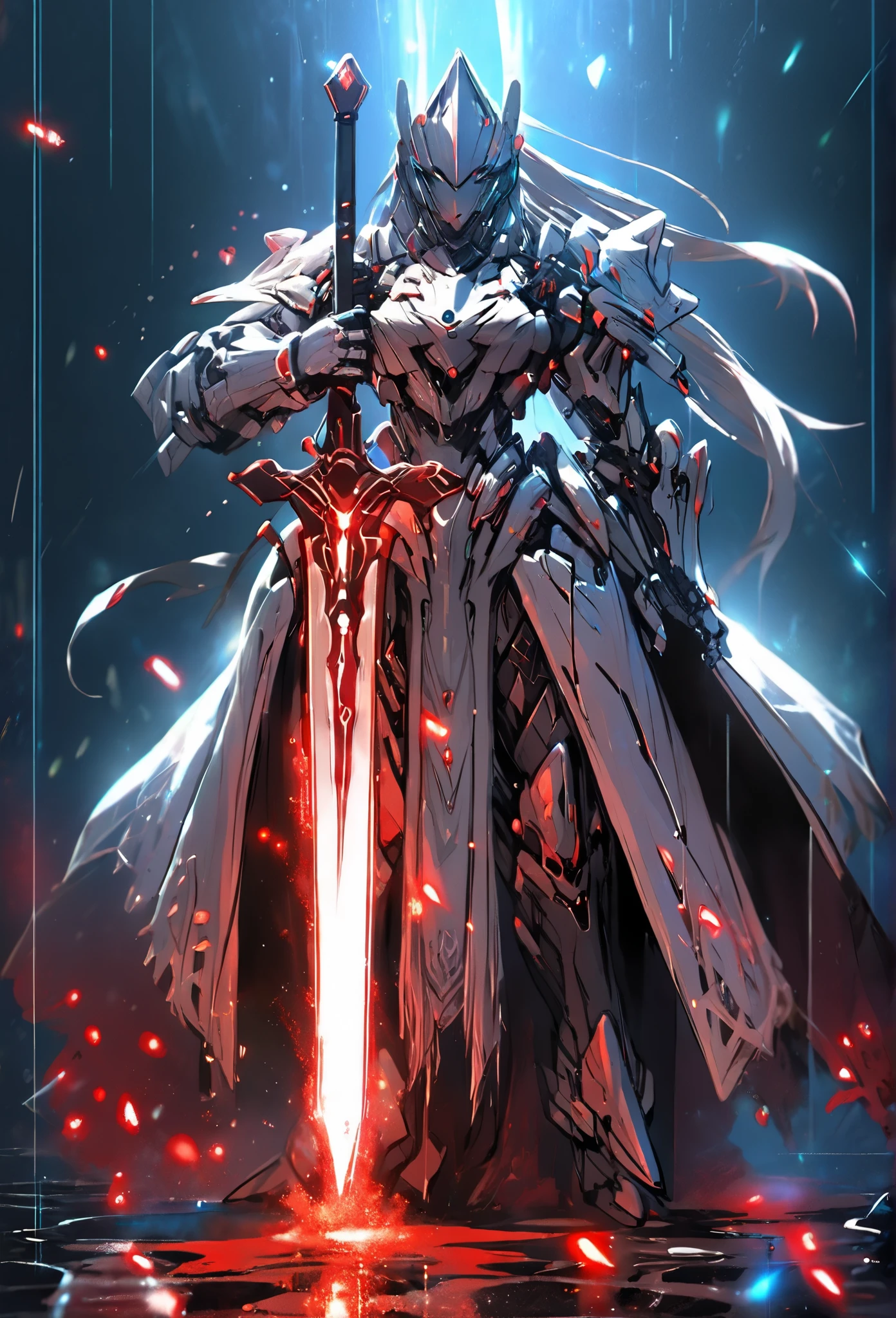 masterpiece, best quality,
1girl, armor, breastplate, faulds, full armor, full body, gauntlets, glowing, helmet, holding, holding sword, holding weapon, knight, long hair, pauldrons, planted, planted sword, rain, shoulder armor, solo, standing, sword, weapon
 