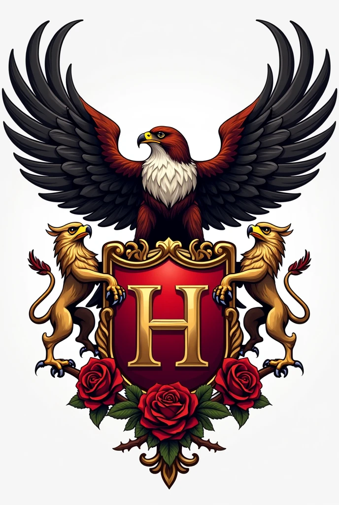Create a logo for a school called Las Rosas and the slogan I want a falcon to go and emphasize the letter H. You can make another one like the shield of Spain or of some viceroyalty and you can add some griffins to the sides and also roses because the school is called La Rosa.