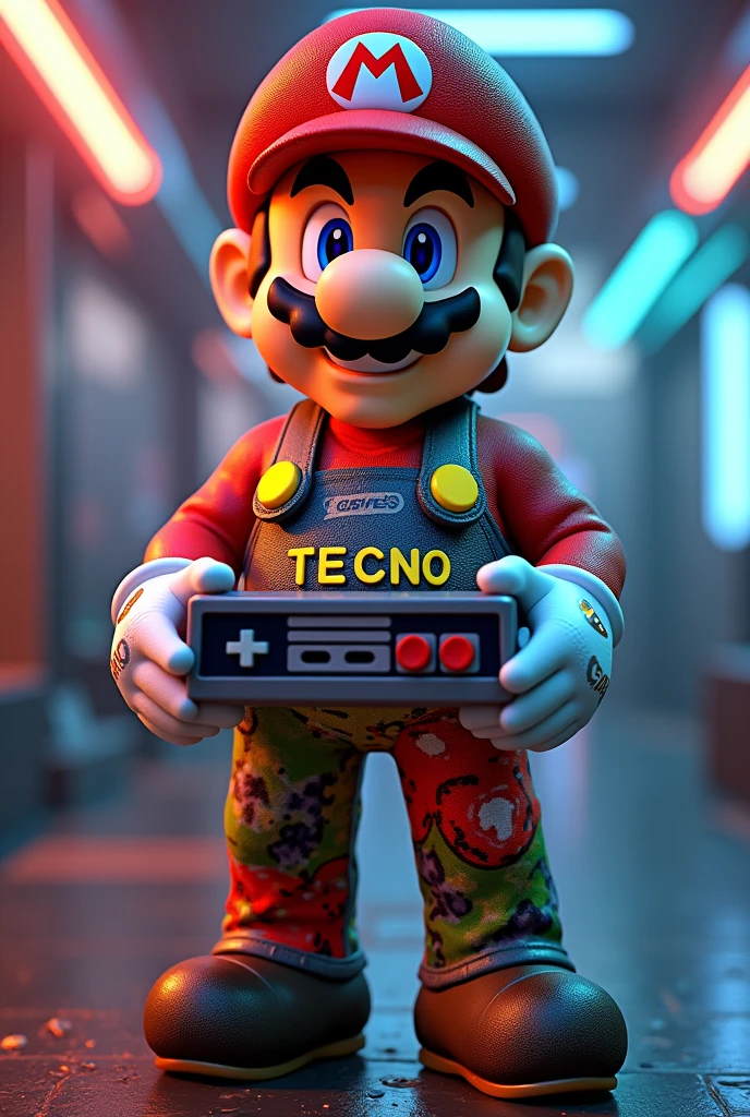 Super Mario Bros wearing clothes with techno game written on them Holding a Nintendo in his hand 