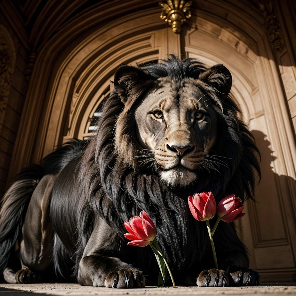 A giant black lion with a red tulip on its head coming out of the middle of its mane, tulip with handle. Lion's view at 45 degrees..