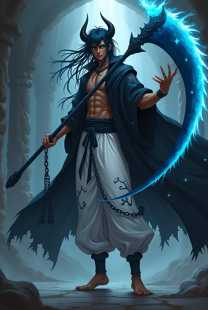 anime boy (dark fantasy) with blue dreads, green eyes, brown skin, black horns and a black cloak and white martial arts pants with blue chains around him as he holds a blue scythe (full body)