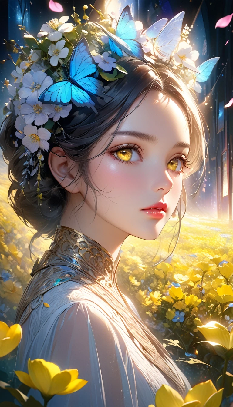 Rape flower landscape, bright canvas, The petals are fluttering, Transparent holographic reflection, A surreal landscape made of flower petals, Leaves viewers speechless,
A beautiful world, 1 Uzbek woman, detailed eyes, Yellow eyes, detailed lips, very detailed face, long eyelashes, Beautiful and detailed portraits, elegant, tranquil expression, spring, high quality, 8k,
realistic, surrealist, studio lighting, Physically Based Rendering, vivid colors, movie lights, dramatic lighting, soft lighting,
dramatic contrast, clear, ethereal, dreamlike, mysterious, magical, fancy, concept art