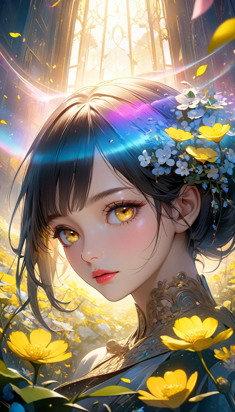 Rape flower landscape, bright canvas, The petals are fluttering, Transparent holographic reflection, A surreal landscape made of flower petals, Leaves viewers speechless, 
A beautiful world, 1 Uzbek woman, detailed eyes, Yellow eyes, detailed lips, very detailed face, long eyelashes, Beautiful and detailed portraits, elegant, tranquil expression, spring, high quality, 8k, 
realistic, surrealist, studio lighting, Physically Based Rendering, vivid colors, movie lights, dramatic lighting, soft lighting,
 dramatic contrast, clear, ethereal, dreamlike, mysterious, magical, fancy, concept art