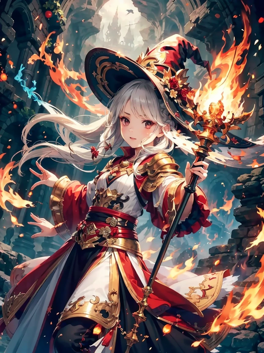 (masterpiece), best quality, Very detailed, A Magus girl with white hair holdding a magical，Fire Magic，Big fireball，Flame Wall， Witch Hat, Ruffled skirt, Red and black clothing, Holding a magic wand, Magic lights, 