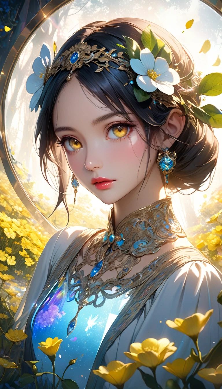 Rape flower landscape, bright canvas, The petals are fluttering, Transparent holographic reflection, A surreal landscape made of flower petals, Leaves viewers speechless,
A beautiful world, 1 Uzbek woman, detailed eyes, Yellow eyes, detailed lips, very detailed face, long eyelashes, Beautiful and detailed portraits, elegant, tranquil expression, spring, high quality, 8k,
realistic, surrealist, studio lighting, Physically Based Rendering, vivid colors, movie lights, dramatic lighting, soft lighting,
dramatic contrast, clear, ethereal, dreamlike, mysterious, magical, fancy, concept art