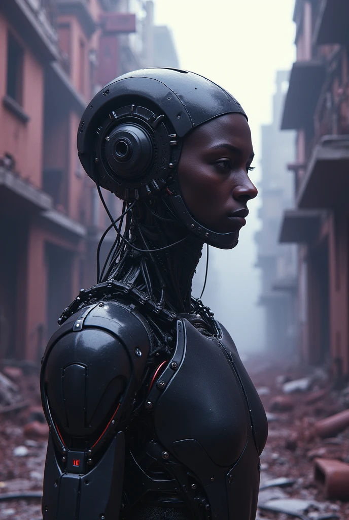 The head of a black man with futuristic robot body in an purple and black abandoned city