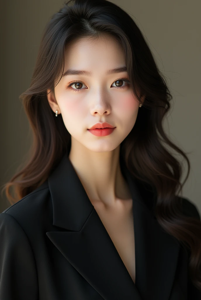 Gentle and beautiful woman, Half-body photo, delicate and sexy clavicle, charming oval face, Double eyelids, peach blossom intelligent eyes, pink lips, small-nose, bared shoulders, focused face, Close do rosto, ultra high definition, super details, Elegant position, Black British College Style Double-breasted Casual Loose Korean Style Small Suit Jacket, combined with black pleated skirt suit