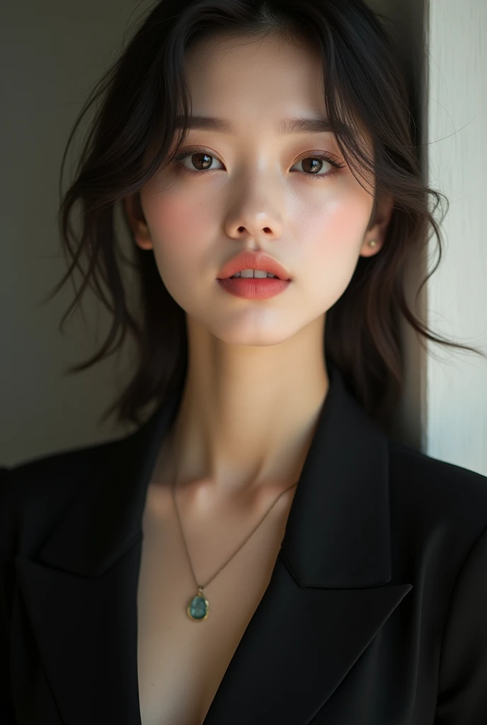 Gentle and beautiful woman, Half-body photo, delicate and sexy clavicle, charming oval face, Double eyelids, peach blossom intelligent eyes, pink lips, small-nose, bared shoulders, focused face, Close do rosto, ultra high definition, super details, Elegant position, Black British College Style Double-breasted Casual Loose Korean Style Small Suit Jacket, combined with black pleated skirt suit