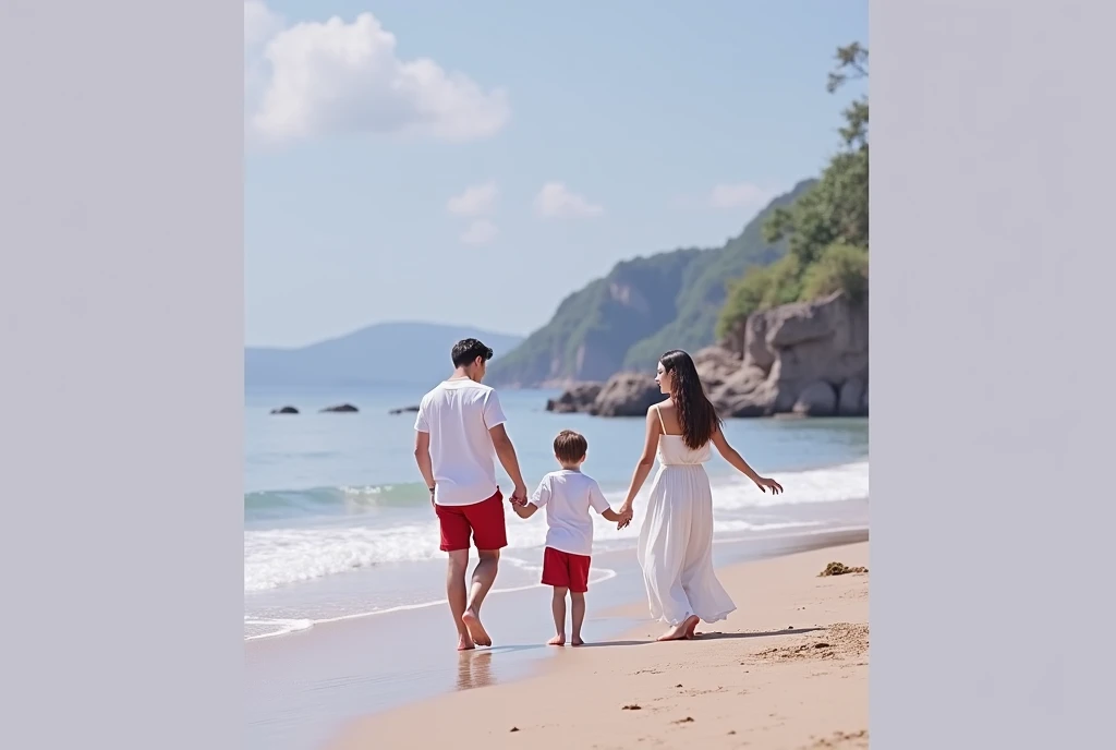 a 2 woman with long dark hair and pale skin, wearing a long white dress, standing hand in hand with a 30 year old man with short hair and pale skin, wearing a white t-shirt, a  boy with short hair and pale skin, wearing a red t-shirt, walking on a sandy beach in Bali, with the ocean and rocky cliffs in the background, blue sky, peaceful and romantic, (best quality,4k,8k,highres,masterpiece:1.2),ultra-detailed,(realistic,photorealistic,photo-realistic:1.37),beautiful detailed eyes,beautiful detailed lips,extremely detailed eyes and face,longeyelashes,detailed skin texture,intricate details,natural lighting,cinematic composition,warm color tones,picturesque landscape,serene atmosphere