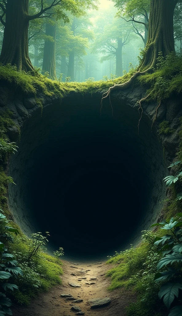 a deep hole in the ground in a forest