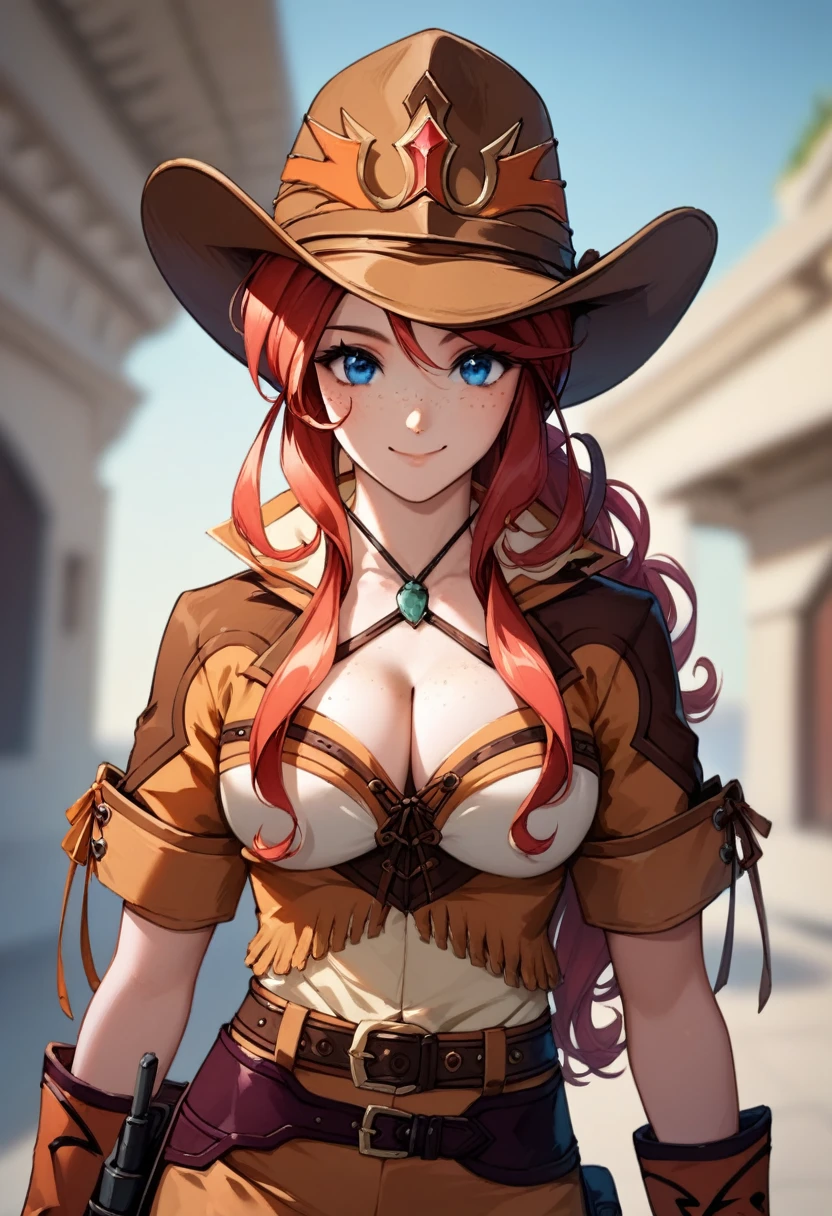 score_9, score_8_up, score_7_up, very aesthetic, source_anime, detailed, high quality, beautiful, masterpiece, detailed eyes,
Simple background, blurry background,
cowboy shot, upper body, smile, mouth closed,
gemini sunrise, red hair, long hair, blue eyes, freckles, sidelocks, big breasts, cleavage
belt, thigh strap, cowboy hat, cowboy boots, fringe trim, gloves, miniskirt, zPDXL