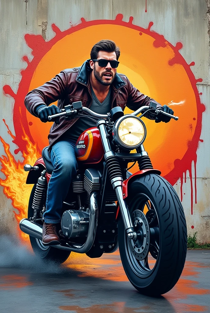 A man riding scrambler motar bike with cigarette wall painting...i want this idea on wall  its very much animated send me kind of wall painted
