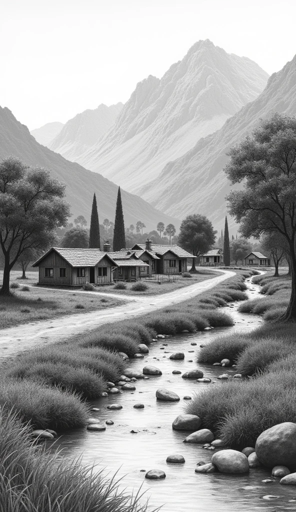 beautiful landscape, pencil draw, Coal chips, Charcoal drawing, black andwhite, mountain view, spring time, typical trees and vegetables of south america (brazil), a village with small, rustic houses, crystal clear stream