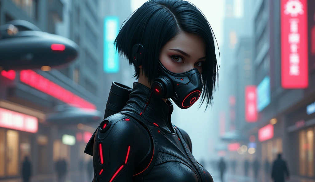 make me an oc with black hair bus mask tight clothes and cyberpunk futuristic style