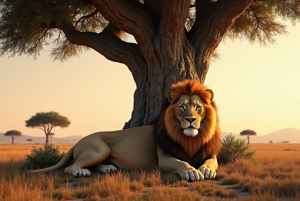 Create a captivating, hyper-realistic, AI-generated artwork of a lion with an enormous mane resting at the base of a majestic tree in the African savanna. The lion should be depicted in a serene and regal pose, showcasing its impressive mane and relaxed posture. Capture the detailed texture of the lion's fur and the grandeur of its mane, with its body comfortably sprawled and its head resting on its paws. The scene should include the towering, majestic tree with a broad canopy, providing shade for the resting lion. Reflect the African landscape with expansive grasslands, scattered bushes, and perhaps a few distant acacia trees. Emphasize the texture of the savanna, including the tall grasses and the warm, earthy tones of the environment. The lighting should be soft and natural, conveying the warmth of the African sun filtering through the tree's canopy and highlighting the lion’s features and mane. The style should be hyper-realistic yet artistic, focusing on the lion's peaceful presence and the grandeur of the tree and its natural habitat. The final artwork should be high-resolution and visually striking, capturing the calm and majestic nature of the lion in its serene setting.