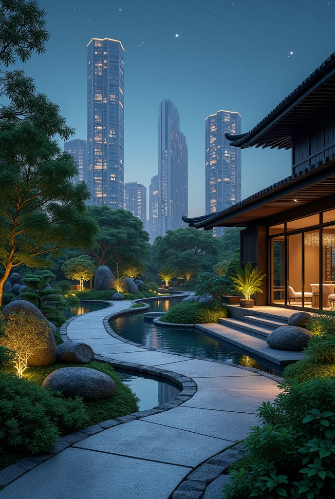 A zen garden in an urban environment, with smooth stone paths, exotic vegetation, interactive water and light fountains, and a serene atmosphere under an artificial starry sky