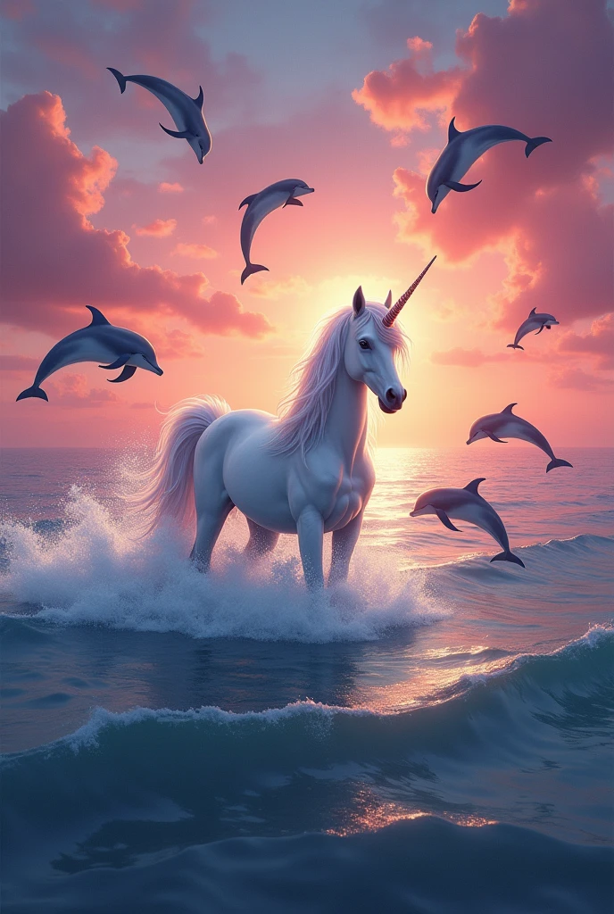 Create an image of a unicorn with dolphins out of the sea and a pink sunset , purple, dark red and orange
