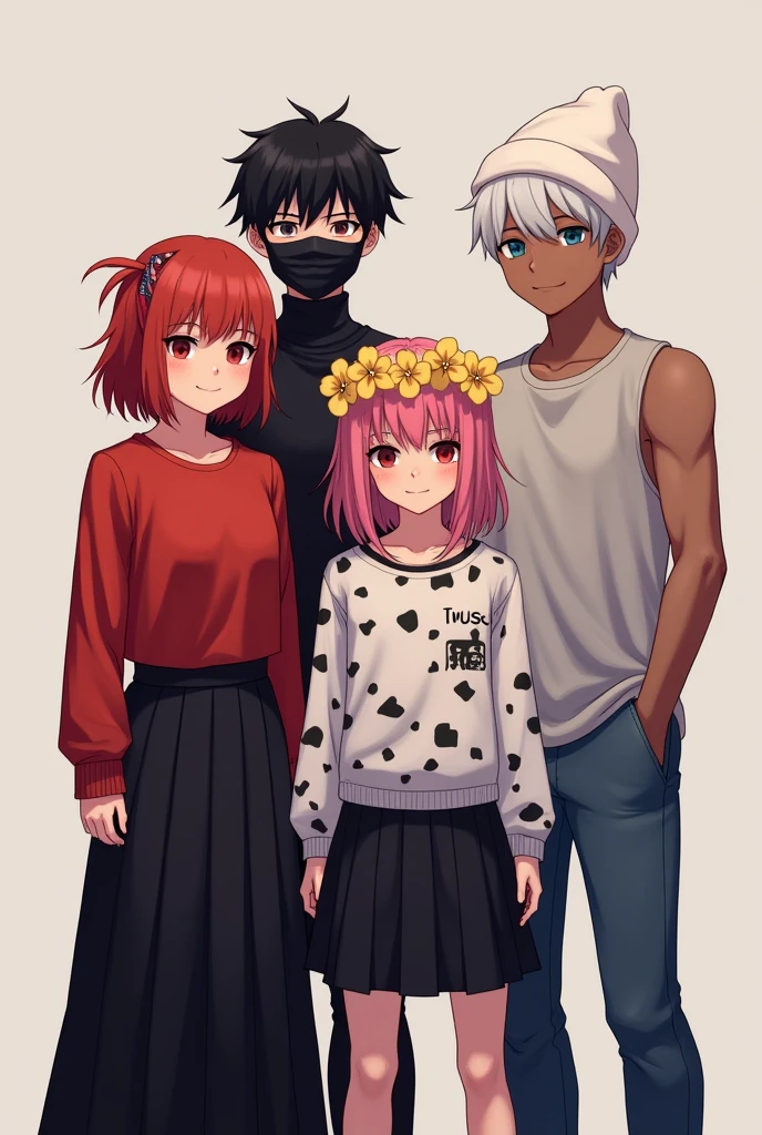 2 girls and 2 guy
s in Roblox character in 1 frame
1 girl dress up as emo red hair with red shirt and black long skirt
1 girl dress up as pink hair girl with yellow flowers crown and kpop's TWICE merch
another 1 guy dress up as emo black hair,have black mask that covered his face and white black pattern on his long sleeve shirt
1 guy dress up as sleeveless grey shirt with white hair and a white binie
4 PEOPLE IN TOTAL
they all in roblox character and they all 4 of them