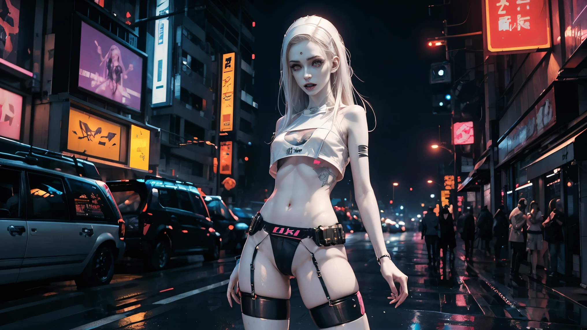 cyberpunk aesthetic, light eyes, eyelash, eyeliner, good makeup, sexy, (pale skin:1.9), detailed face, pretty face, rouge, good texture, strong shadows, bright, small boobs, skinny, transparent clothes, tanga, looking up, camera down, energetic pose, dinamic pose, athletic, 8k, fangs, detailed, tattooed, direct dark light, street background, balcon, neon lights, coloured, night, wet clothes, detailed nipples, naked, no underwear, mecanic arm, wet, fiber muscles, strong woman, small nose, big eyes, great quality, jewelry, purple filter, detailer vagina, wet underwear, neon direct, light, naked , focus face,, pink, hair, cyberpunk 2077, edgerunners, blade runner, gothic legs, lasers,, slim underwear, erect nipples