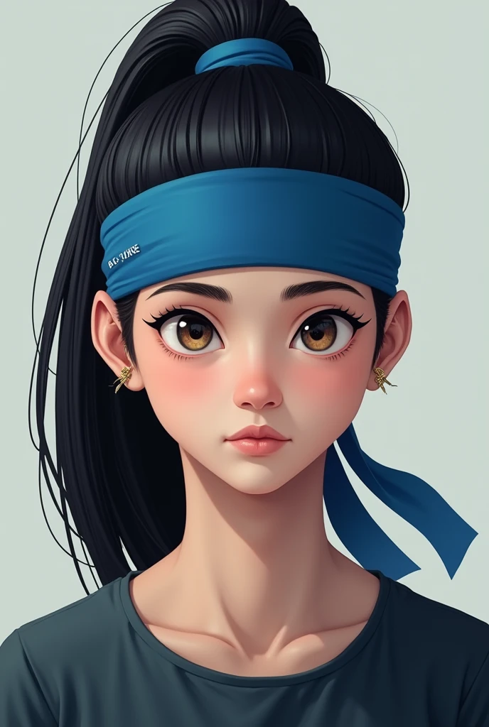 White age Boy with Big Black Straight Hair,tied up,and with a blue band on the forehead