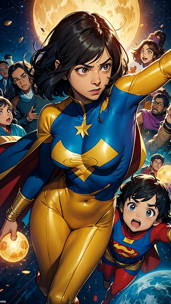(whole body),(Person Divination Screen 的 1/2),John Romita Sr. (John Romita Sr) artistic inspiration,Looking at the audience,A young superheroine with long black hair holds a baby in her arms in a gorgeous universe,Floating in the Milky Way,Grand and detailed background,Young superheroine with long dark hair hugging a baby,Center in the middle of the screen,blue eyes covered by iconic mask,Mid-chest,thin waist,Wearing a custom-made tight uniform,Uniform colors black and yellow,exuding powerful energy, In front of us is the galaxy universe,whole body,detailed art,Art Director John Romita Sr,masterpiece,Best quality,Extremely complex details,Bright colors,8K.