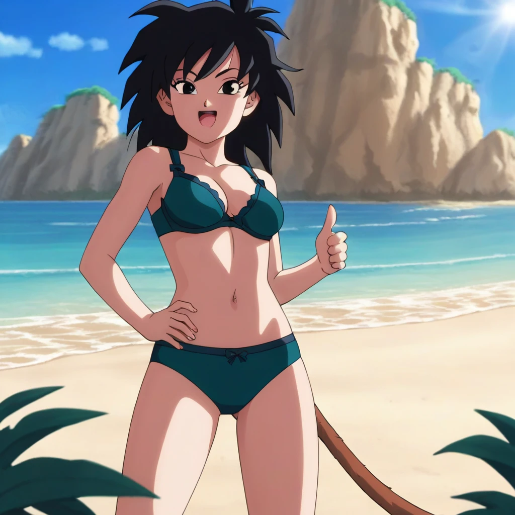 source_anime, score_9,score_8_up, score_7_up, ginedb, anime screencap, 1girl, solo, looking at viewer, smile, medium breasts, black hair, beach, medium breasts, smile, standing, thumbs up whit right hand, medium hair, black eyes, spiked hair, eyelashes, masterpiece, best quality, very aesthetic, underwear, green bra, only red brasier, sexy underwear, black blue panty, green blue skies, sunlight, light skies, standing, a little crouched, watching at viewer 