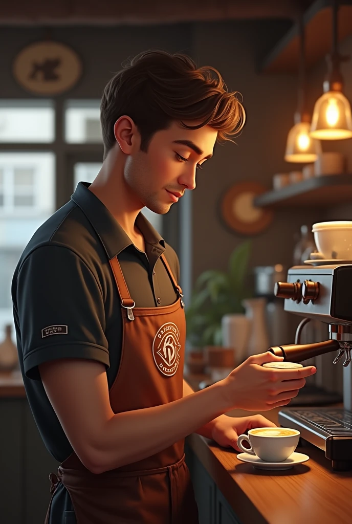 Benson looking at a cup of coffee ,and Benson has an apron that says brothers cafes 