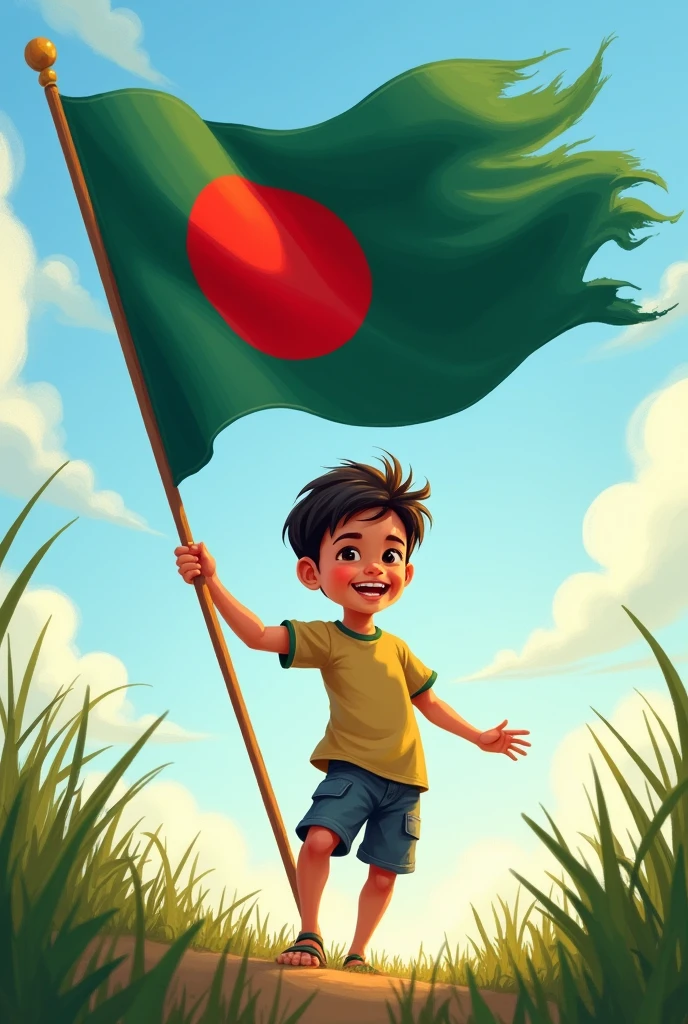 A boy flying the Bangladeshi flag