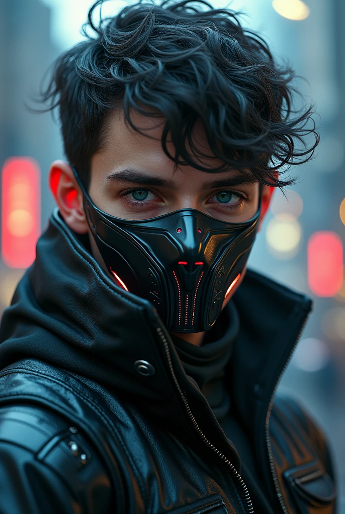 A young man, 16yo, he is wearing a high-tech mask, his right arm is a cyborg arm. The background of the city is cyberpunk, extreme close up portrait, Detailed, eye shadow, 8k resolution, Realism,
