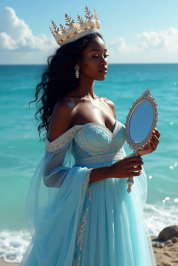 A realistic image of an African woman embodying African royalty. She has long, wavy hair flowing down her back, and she is dressed in a light celestial blue royal gown that reflects elegance and nobility. On her head, she wears a silver crown adorned with white seashells and coral, adding a unique touch of oceanic royalty. She holds a silver mirror in one hand, her expression calm and dignified. The background is a beautiful ocean scene, with clear blue waters, gentle waves, and a picturesque horizon, capturing the tranquil and majestic beauty of the sea. The scene exudes an aura of grace and serenity, blending royal elements with the natural splendor of the ocean."
