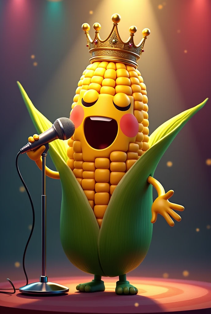 A corncob with a crown singing with a microphone