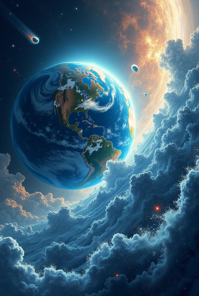 Generate a poster drawing and illustration of the origin of water: Existed even before & Comet Theory
