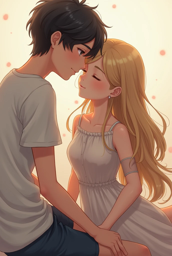 Beautiful slim girl with long blond hair. The girl is leaning on the shoulder of a boy with short black hair. There is a bandage on the girl's leg