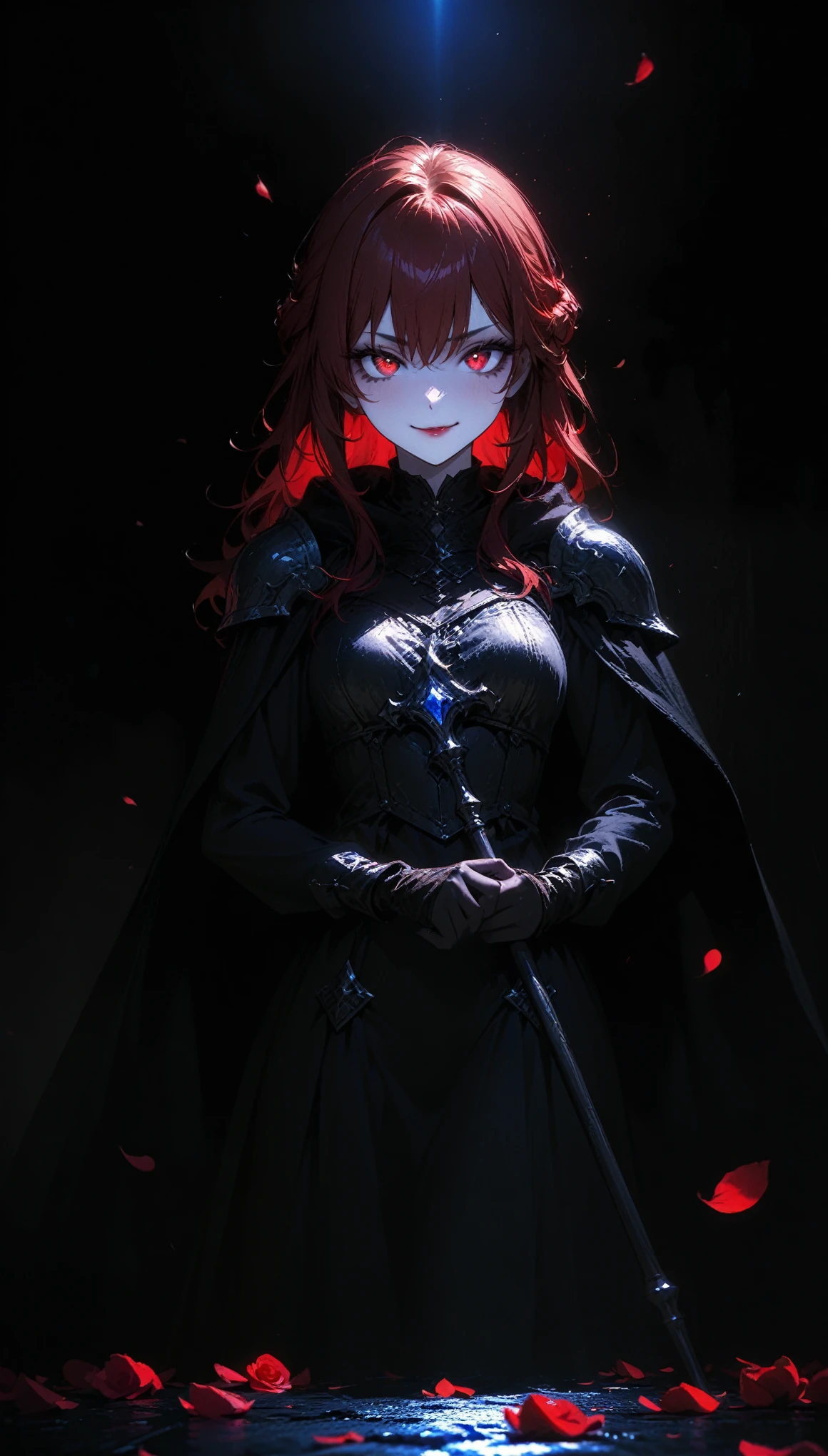 (full body portrait), 1girl, solo, (holding weapon), staff, (long red hair), detailed face, mischief expression, smirk, pale white skin, red eyes, (detailed eyes), long eyelashes, black eye liner, red lipstick, black tunic, (redhoodie cloak), long dress, leather glove, (chest armor), (standing pose) moonlight, hard lighting, blue light, cold light, ((rose pedals falling)), (medieval theme), (masterpiece), super detailed, best quality, POV, dw01-3400, 4k