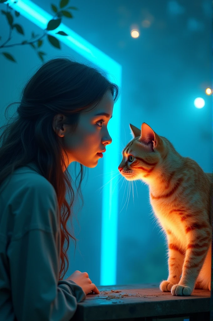 A beautiful girl staring at orange cat in zoo and foggy weather and blue neon lights