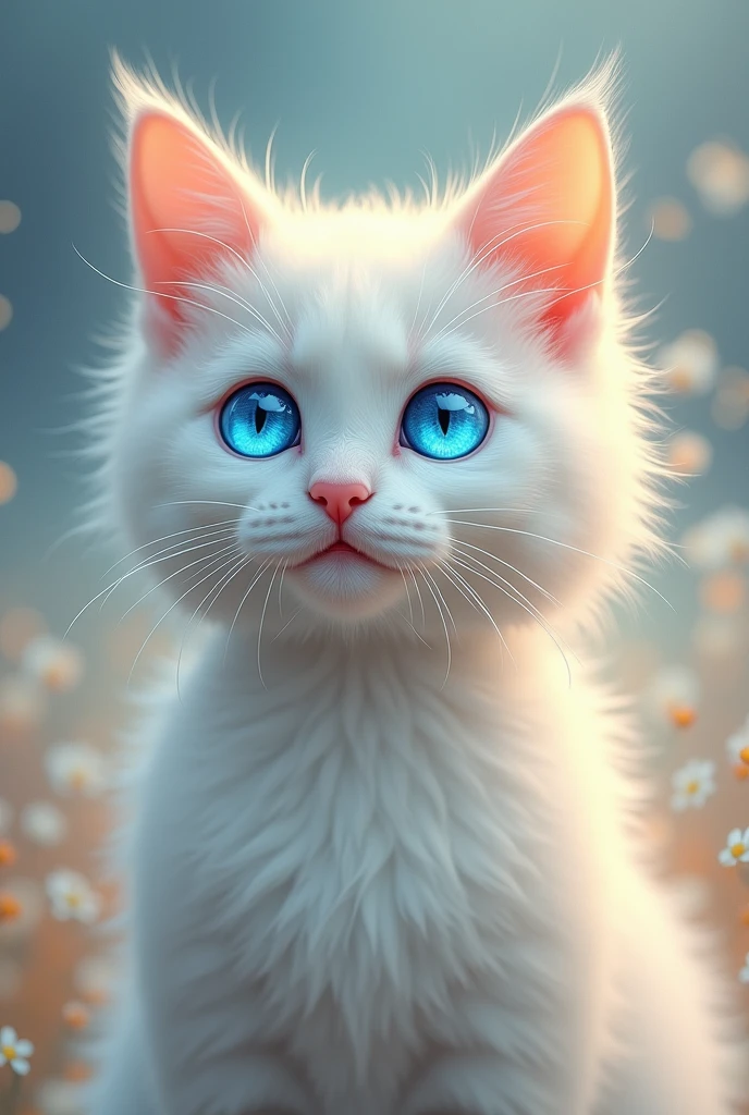 White cat with details on the face, clear oranges, adult with blue angel eyes.