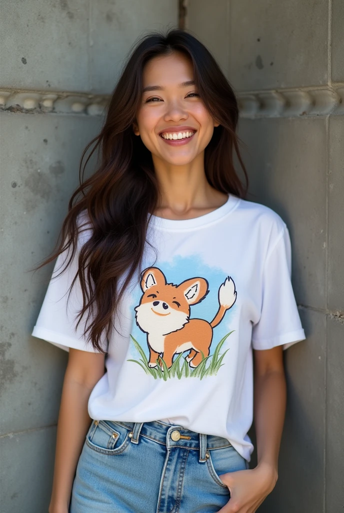 photorealistic photo,High resolution,Realistic,Thai women,Age 36 years,beautifulมาก,long wavy hair,beautifulมาก,perfect,smile,Open your mouth happily,White T-shirt with cartoon pattern,Loose jeans,beautiful,Very sexy,Clear details,Stand alone.,1 person,See the whole body.,cement wall,ลวดลายbeautiful,มีClear details