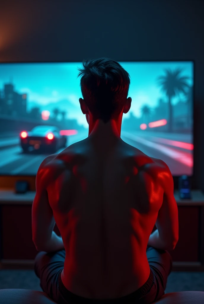 Draw me a person with a good physique playing on a video game console from the back with light in horizontal size in the photo