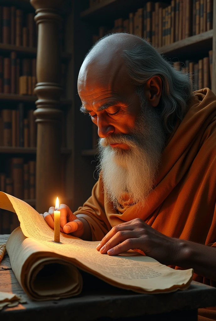 Prompt: "A close-up of an ancient Indian monk reading a scroll by candlelight, with the flickering flame casting soft shadows on his face. The background should be filled with books and scrolls on wooden shelves, creating a scholarly atmosphere."