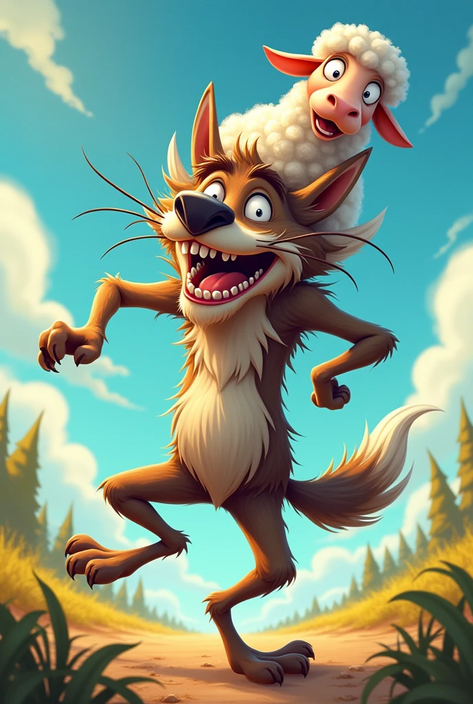 crazy funny-looking wolf dancing with a sheep sitting on his shoulders,