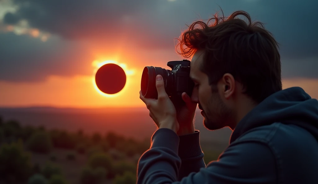 Detailed image of a person photographing a solar eclipse, adjusting the camera settings to capture the dimming light and changing colors. The image showcases the challenge of capturing the Purkinje effect, with reds becoming less vibrant and blues standing out more.