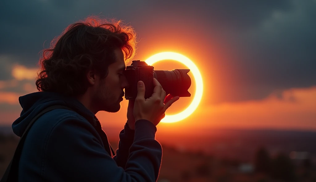 Detailed image of a person photographing a solar eclipse, adjusting the camera settings to capture the dimming light and changing colors. The image showcases the challenge of capturing the Purkinje effect, with reds becoming less vibrant and blues standing out more.