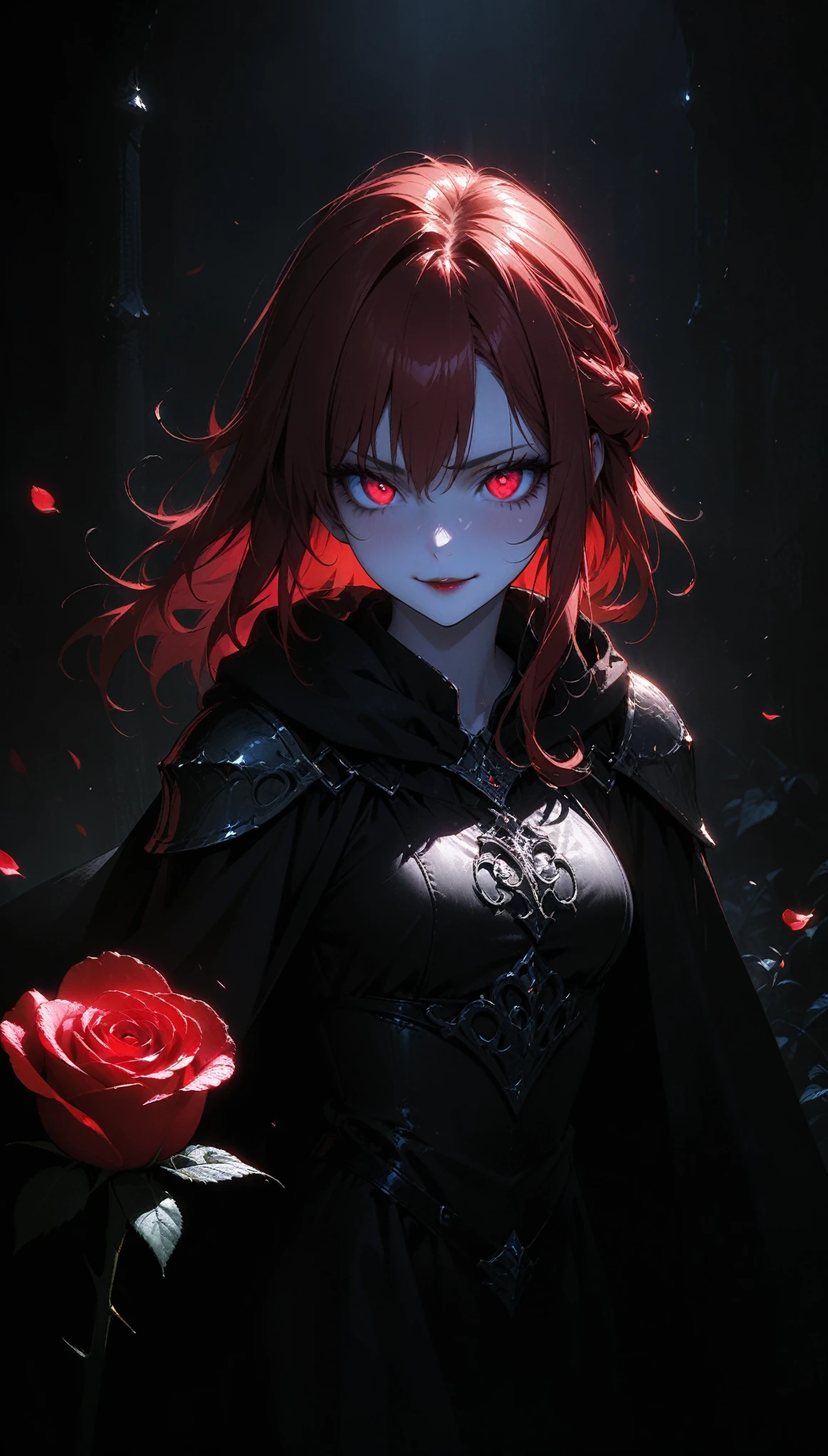 (full body portrait), 1girl, solo, (holding weapon), staff, (long red hair), detailed face, mischief expression, smirk, pale white skin, red eyes, (detailed eyes), long eyelashes, black eye liner, red lipstick, black tunic, (redhoodie cloak), long dress, leather glove, (chest armor), (standing pose) moonlight, hard lighting, blue light, cold light, ((rose pedals falling)), (medieval theme), (masterpiece), super detailed, best quality, POV, dw01-3400, 4k