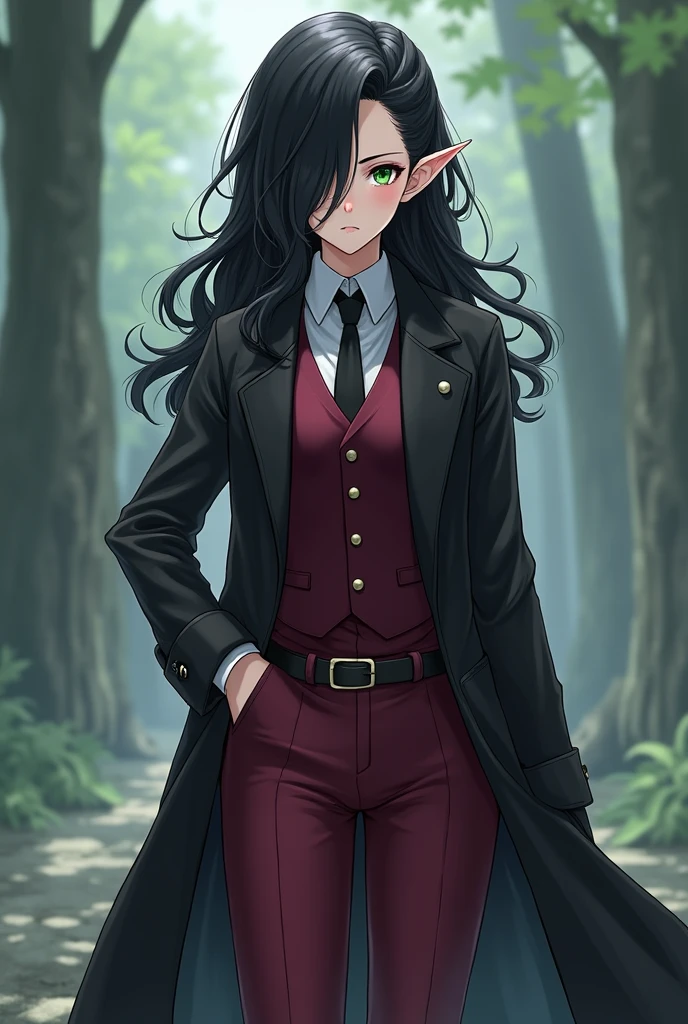 A female elf character, anime. Young and serene appearance with hair length below the shoulders, wavy and dark, black, with an asymmetrical hairstyle that partially covers one side of his face, his right eye is covered by his hair. His eyes are an intense green color. He wears black clothing that includes a long, dark trench coat with long sleeves and wine red suit pants. The trench coat has a belt tied at the waist, which fastens at the front. He has a white button-down shirt and a small closed wine red vest. He wears gloves, knee-high boots and a tie, all three black. The posture and facial expression suggest that she is ready for a battle or quick action. She is tall and serious. That represents light and darkness.