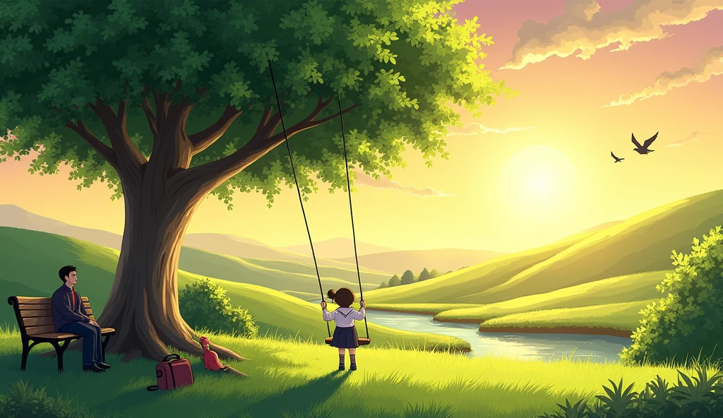 A Tree which is at bottom left ,with bushy leaves and below the tree at the left there is a school bag and at the right of the tree is a swing and a school girl is swinging in it turning backside. To the left of school bag there is a seater bench and one man is seated on that bench looking at the sunset at the background through 3 hills. To the left of the man there is a stream that is flowing from the hills and there are 2 birds flying at the top of 2nd hill