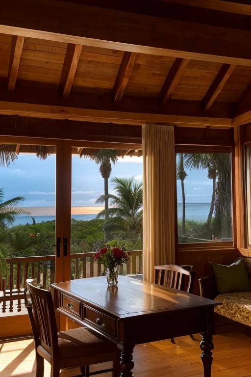 Southern Island Desk、indirect lighting、Wood Deck、Country atmosphere、Woodhouse、antique、A little bit European、living、indoor、antique家具、Holiday Homes、sofa、cushion、Large windows、Outside you can see palm trees and a sandy beach.、The pillars and walls of the room are all made of wood.、There are books and coffee on the desk、The furniture has a modern gothic feel、A room with a lot of stuff、The lighting is a bare bulb、Increase the number of star-themed miscellaneous goods and accessories、外は夕方でSunset skyが窓から見える、View of sandy beach and palm trees、The window is empty、The curtains are fluttering in the wind、In the evening atmosphere、More sad evening air、It&#39;s a house by the sea、The sunset is reflected in the sea, making it red.、The darkening atmosphere of the evening、Swedish furniture、There are lots of photo frames and decorations.、Outside, the sea is right next to me.、The sunset reflects on the sea、夕方だから少し暗くてRed Skyなの、It&#39;s getting better、Outside there&#39;s the sea, the sand and the palm trees、Sunset sky、It&#39;s evening outside、窓から見える景色がSunset skyなの、That&#39;s good.！More red sunsets、Return to the evening、Red Sky、外のWood Deckから夕日を眺めたいね、Make the furniture more European、もっとSunset skyでもっと赤い雰囲気、Maybe I should get some gothic furniture?、Give it a more lived-in feel、Red Sun、I wish there was a door that would lead straight to the beach.